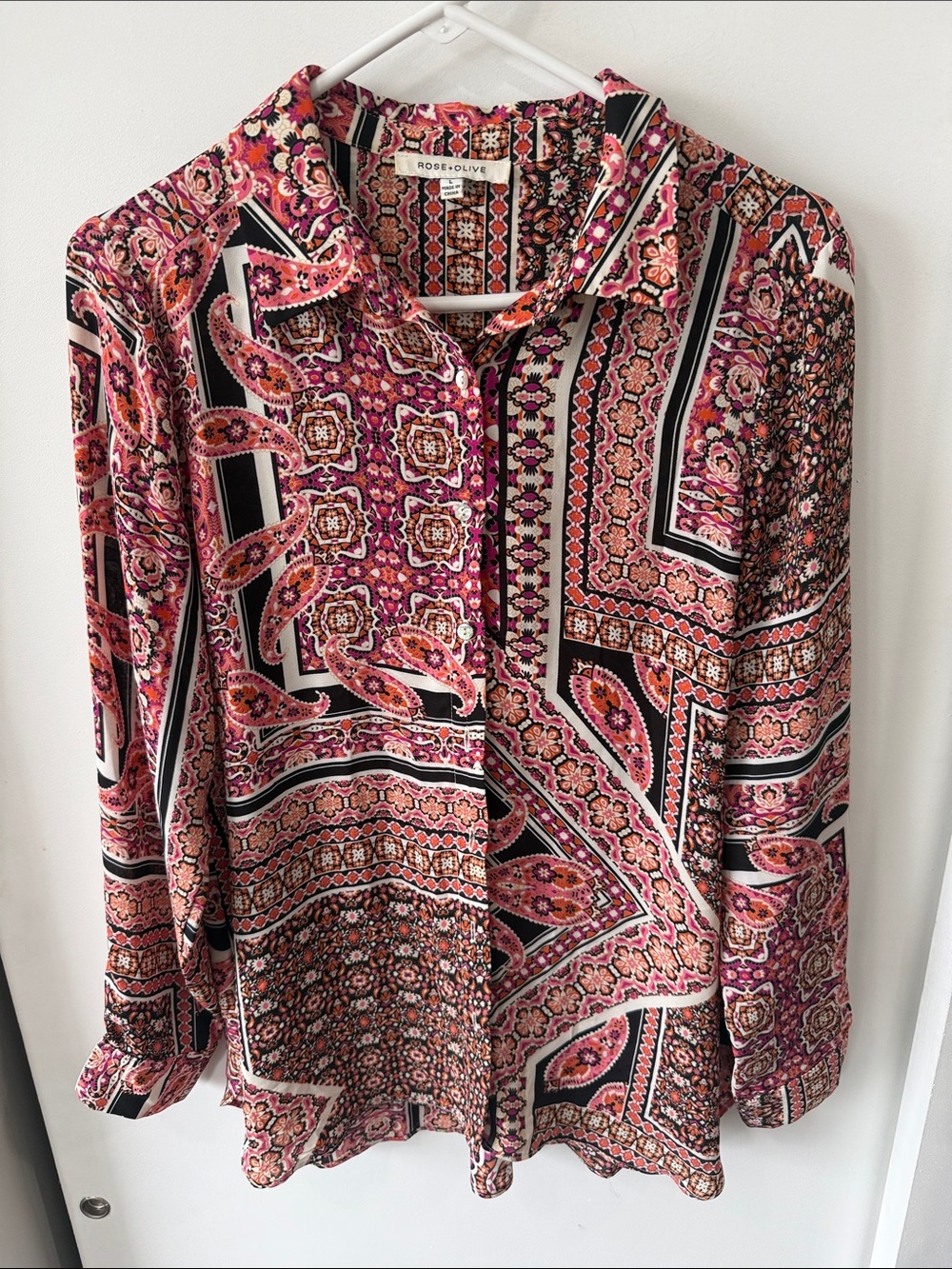 Rose & Olive Multi-Pattern Pink Paisley Button-Up Blouse